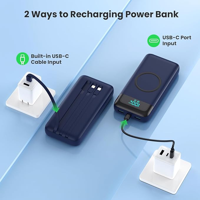 Wireless Portable Charger 40800mAh with 3 Built-in Cables,7-in-1 15W Wireless Charging Power Bank,25W PD QC 4.0 Fast Charging USB C LCD Display Battery Pack for iPhone 16/15/13,Samsung,Android-Blue