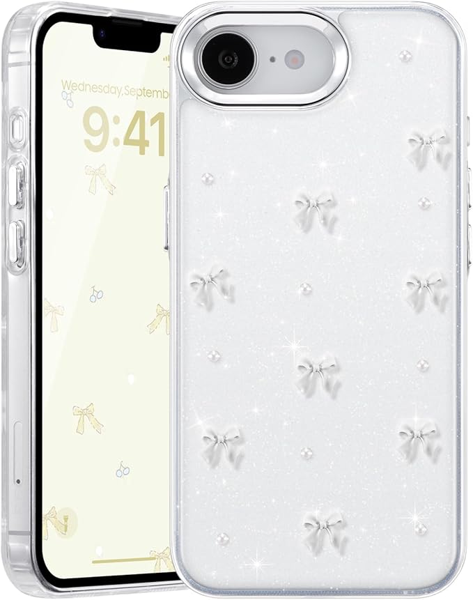 EYZUTAK Case for iPhone 16e, Bling Glitter 3D Bowknot Phone Case Cute Sparkly Crystal Clear Bow Aesthetic Design Cover Slim Soft Durable TPU Transparent Protective Cover for Women Girl - White Bow