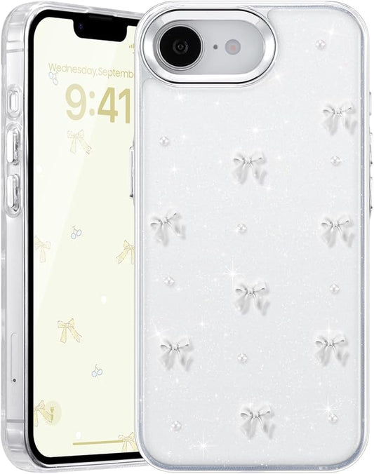 EYZUTAK Case for iPhone 16e, Bling Glitter 3D Bowknot Phone Case Cute Sparkly Crystal Clear Bow Aesthetic Design Cover Slim Soft Durable TPU Transparent Protective Cover for Women Girl - White Bow