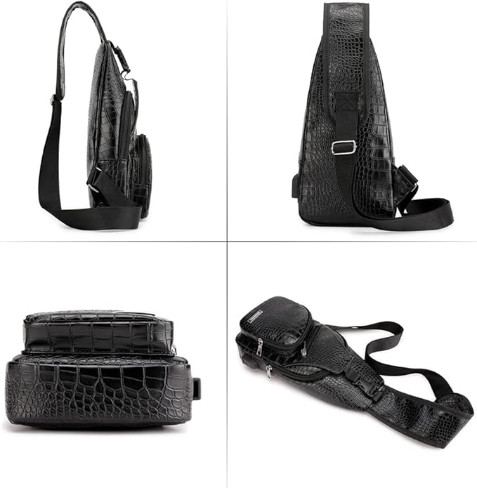 Peicees Leather Sling Bag Mens Crossbody Bag Chest Bag Sling Backpack for Men with USB Charge Port