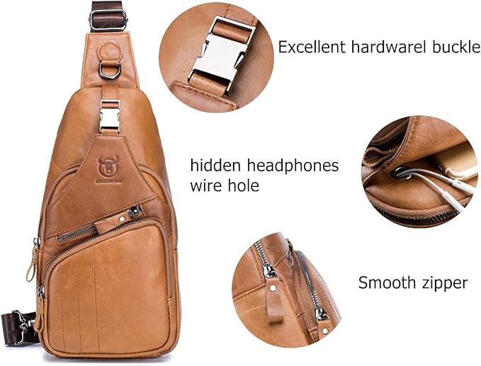 BULLCAPTAIN Men Sling Chest Bag Genuine Leather Casual Multipurpose Crossbody Shoulder Backpack Travel Hiking Daypack (Yellowish brown)