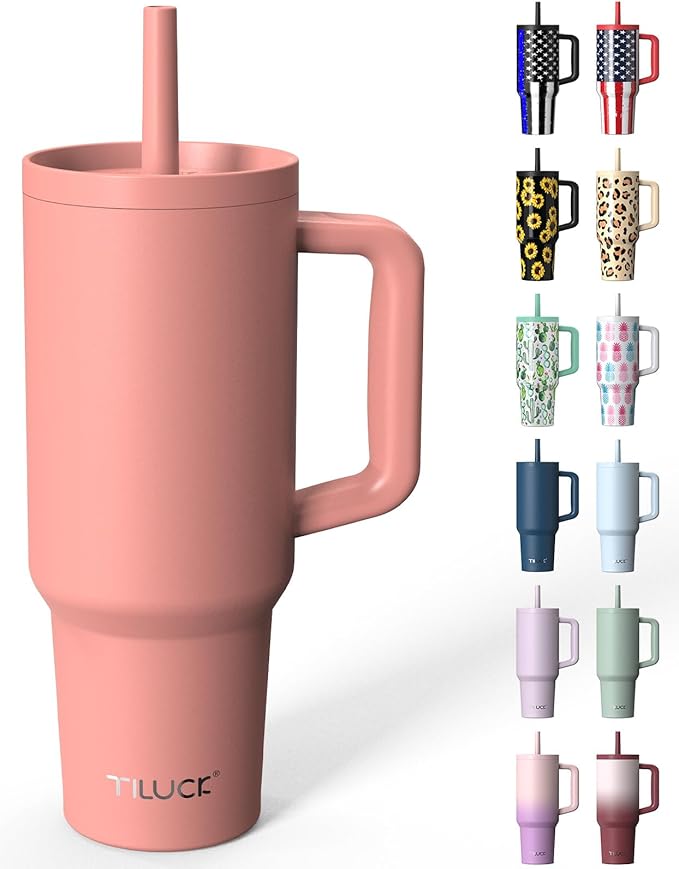 TILUCK 40 oz Tumbler with Handle, Vacuum Insulated Stainless Steel Travel Mug with 100% Leak-Proof Silicone Straw Lid, Cupholder Friendly Water Bottle(CoralRed, 40oz)