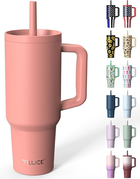 TILUCK 40 oz Tumbler with Handle, Vacuum Insulated Stainless Steel Travel Mug with 100% Leak-Proof Silicone Straw Lid, Cupholder Friendly Water Bottle(CoralRed, 40oz)