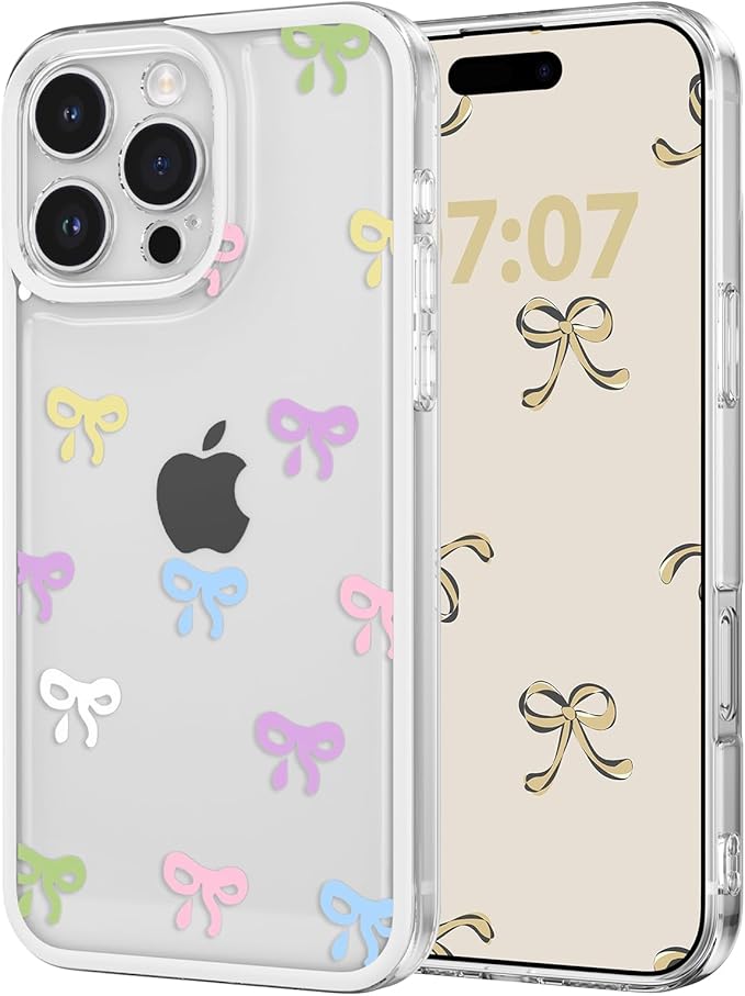 EYZUTAK Case for iPhone 16 Pro Max, Clear Cute Ribbon Bowknot Pattern Aesthetic Transparent Phone Case Raised Camera Protection Stylish Slim Soft Durable TPU Protective Cover for Women Girls -Colorful