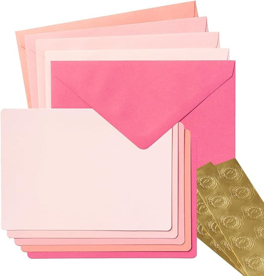Wishop 25 Pieces A7 Colored Envelopes with Cards and Stickers Set 5 Colors for Weddings, Invitations, Birthday, Baby Shower, 5x7 inches (Pink 5Colors)