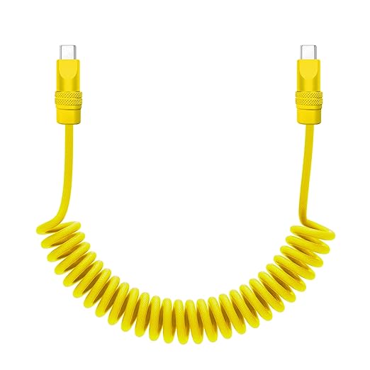 chubbycable Curly Chubby Retractable Fast Charging Cable 120W Coiled Charger Cord for Car Durable USB C Cable Compatible with iPhone 16/15 Series, Yellow+Yellow, Type-C to Type-C, 1.3FT-2.3FT