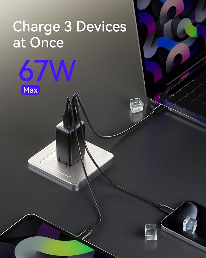 USB C Charger, 67W 3-Port GaN Fast Compact Foldable for MacBook Pro/Air, Pixelbook, iPad Pro, iPhone 16/15/Pro, Galaxy S25/S24, Note20, Pixel, Apple Watch