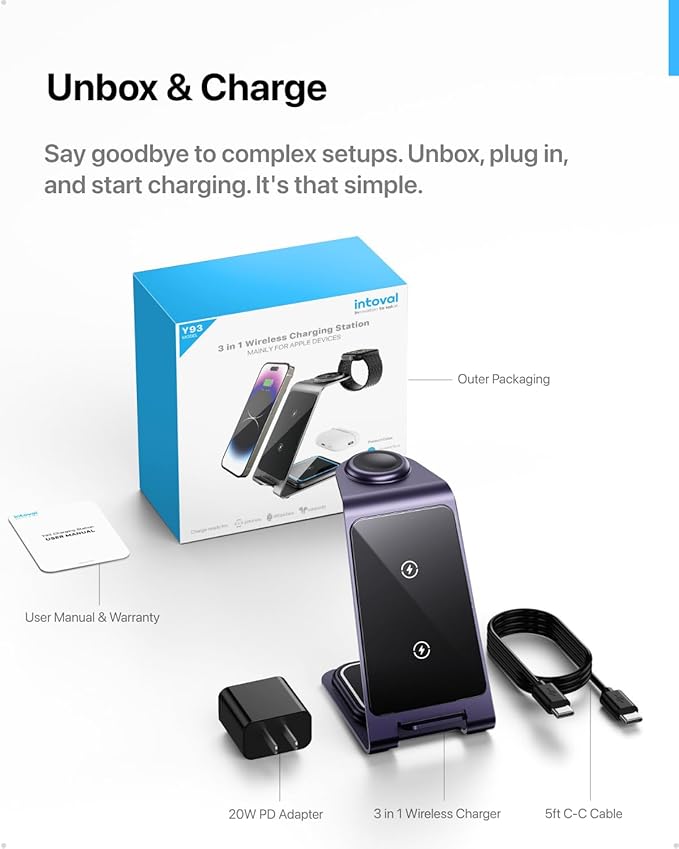 Intoval 3 in 1 Wireless Charging Station for iPhone 16 15 14 13 12 11 X Pro Max, Wireless Charger for Apple Watch Ultra 3 SE 9 8 7 6 5 4 3 2, for AirPods 4 Pro Pro 2 3 (Y93, Purple)
