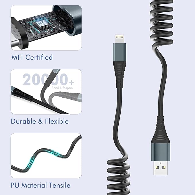 Heartbeats Coiled Lightning Cable 3FT 2 Pack MFi Certified Car iPhone Charger Cable，USB to Lightning Cable Compatible with iPhone 14/13/12/11 Pro Max/XS Max/XR/X/8/7/iPad