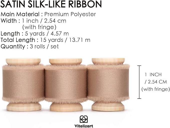 Vitalizart Silk Satin Ribbon 1 Inch x 15 Yard Wooden Spool Champagne Handmade Frayed Ribbon for Gift Wrapping Baby Shower Wedding Bridal Bouquets Holiday Decor 3 Rolls x 5 Yard