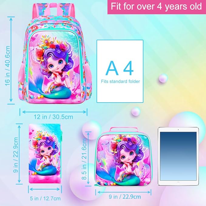 Mermaid Backpack, 16" Girls Kids Bookbag with Lunch Box，3Pcs School Backpacks for Elementary Preschool Kindergarten (Pink)
