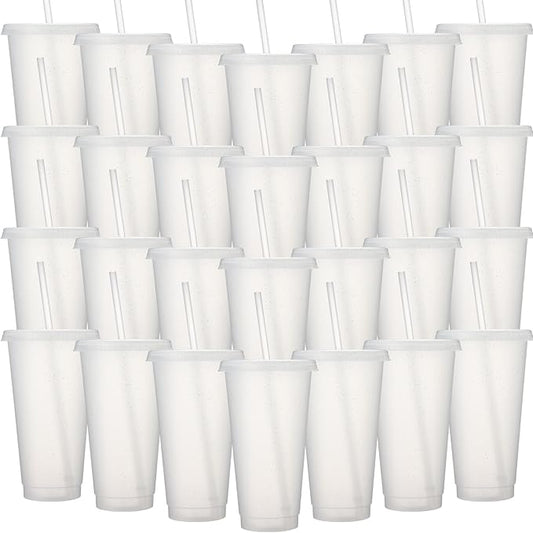 Honeydak 60 Pack Tumbler with Straw and Lid Bulk Glitter Plastic Cups Water Bottle Iced Coffee Travel Mug Reusable Party Favor Cups for Birthdays travel 24-27 oz (Transparent)