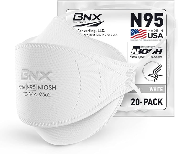 BNX N95 Mask NIOSH Certified MADE IN USA Face Mask, Tri-Fold Cup/Fish Style, 10,20,50-Pack - Black, White (Model F95B,F95W)
