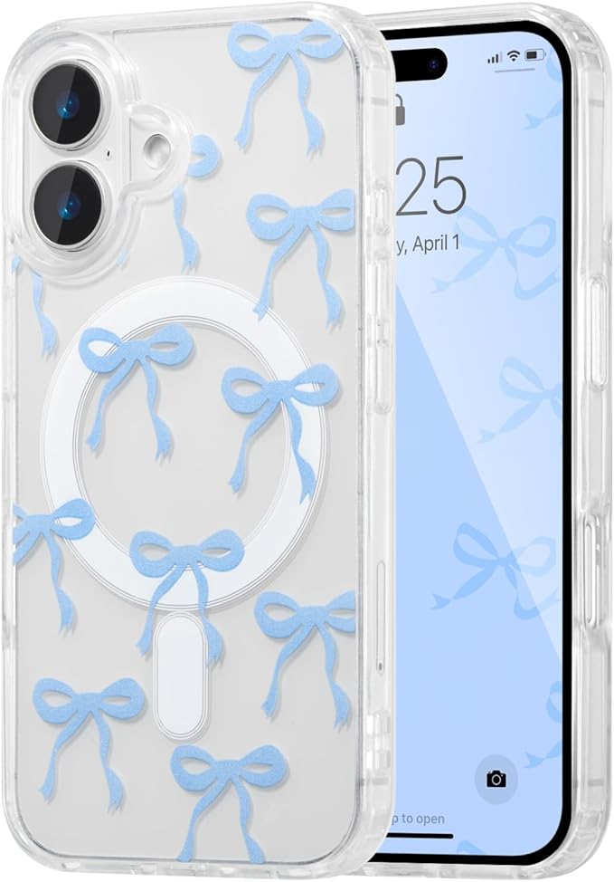UEEBAI Magnetic for iPhone 16 Plus Case, Bow Case Compatible with MagSafe, Wireless Slim Clear Ribbon Aesthetic Phone Cover Anti-Yellowing Shockproof Protective Cover for Women Girl - Baby Blue