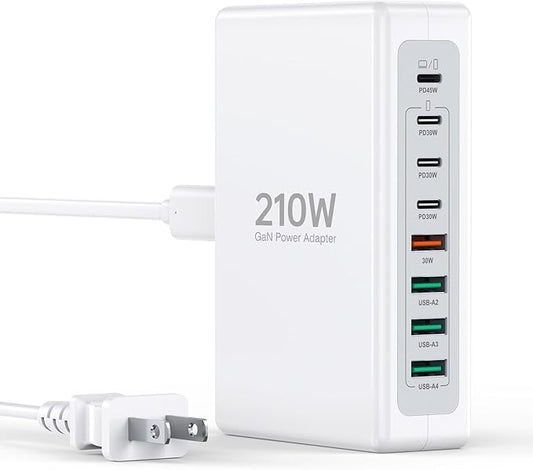 210W USB C Fast Charging Station,8-Port USB C Charger Block Upgraded GaN III PD 45W Laptop Charging Adapter,Multiport Type C Charging Hub Compatible with MacBook Pro/Air,DELL,iPhone 17/16/15,Samsung