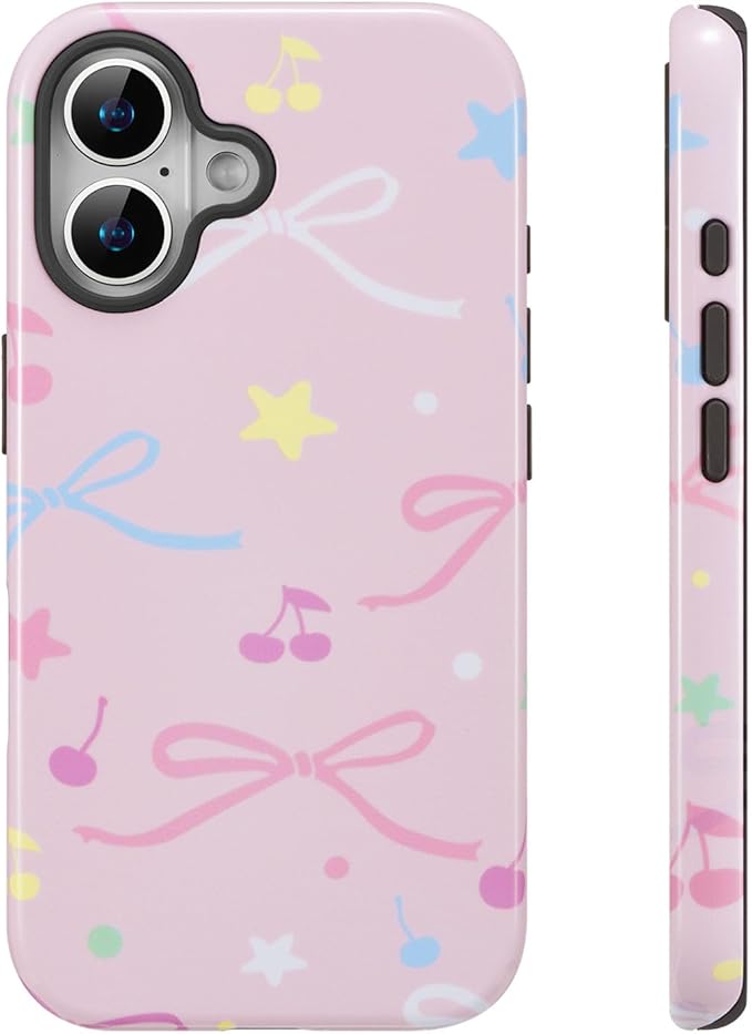 QLTYPRI Case for iPhone 16, Aesthetic Colorful Bow Cherry Stars Phone Case for Girls Women, Protective Hybrid 2-Layer Hard Shell Silicone Cover Durable Shockproof Phone Cover - Pink