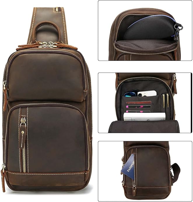 LANNSYNE Full Grain Leather Sling Bag For Men Crossbody Chest Daypack fits 10.5" iPad