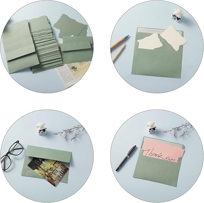 100 Pack A7 Envelopes with Colorful Blank 5 x 7 Cards Self-Adhesive Business Envelopes Invitations Cards Envelopes (Sage-Green, A7)