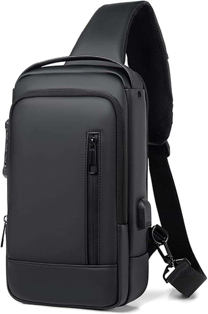 Sling Bag for Men | Anti-theft Crossbody USB PU Leather Shoulder Bag Chest Bag for Daily use Waterproof Lightweight One Strap Backpack, Black