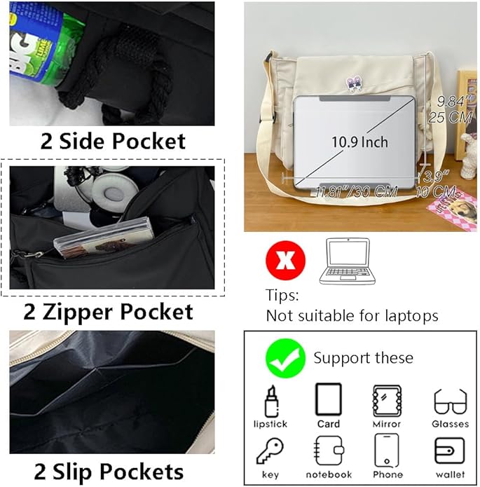 Nylon Messenger Bag Kawaii Crossbody Bag with Cute Pins Aesthetic Shoulder Bag for Women and Men