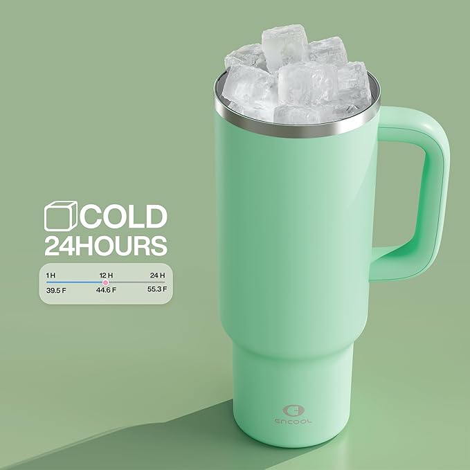 40 oz Tumbler with Handle and Straw: Stainless Steel Insulated Tumbler Keeps Cold for 24 Hours, Leakproof Travel Cup Fits in Cup Holder and BPA-Free, Brook Green