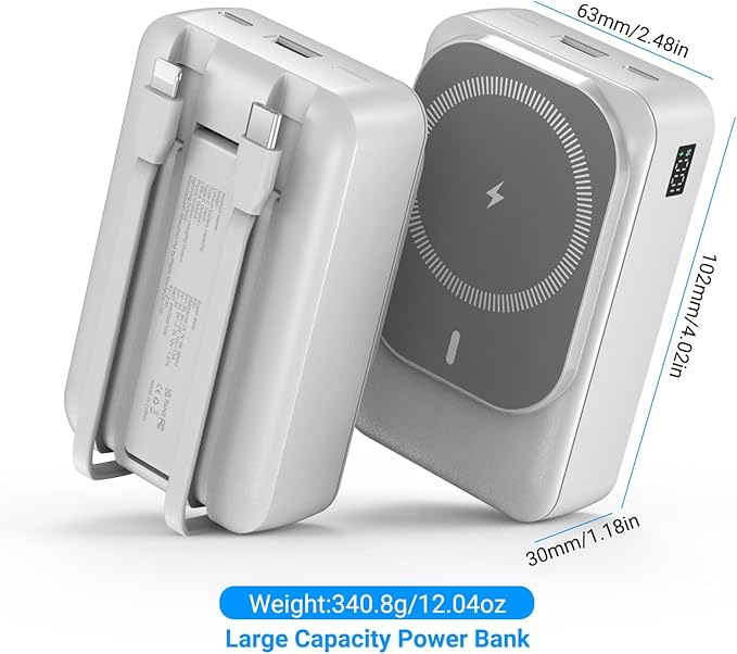 Magnetic Wireless Power Bank 26800mAh, PD 22.5W Type-C Fast Charging Portable Charger 5 Outputs, Battery Pack for Magsafe Built in Cables with Stand LED Display for iPhone 16/15/14/13/12 Series-White