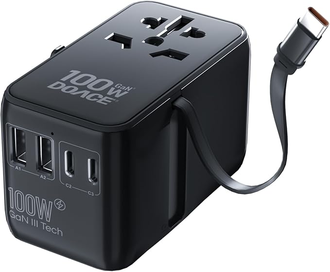Universal Travel Adapter, for GaN 100W International Power Adapter Built-in Type-c Cable Fast Charging & 4 USB Charging Ports, All-in-One Wall Charger for US to Europe EU UK AUS Black