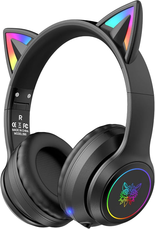 Cat Ear Bluetooth Headphones for Kids & Adults, 55H Play Time, Wireless Foldable & Wired Multi-Function LED Light Up Over Ear Headphones with Mic and Volume Control for iPhone/iPad/Laptop/PC