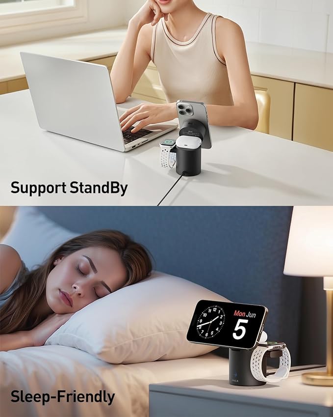 iWALK 3 in 1 Wireless Charging Stand with Auto Rotation, Charging Station with Magnet for Apple Devices, 15W Foldable Wireless Charger Station for iPhone 16 15 14 13 12 & Apple Watch & Airpods, Black