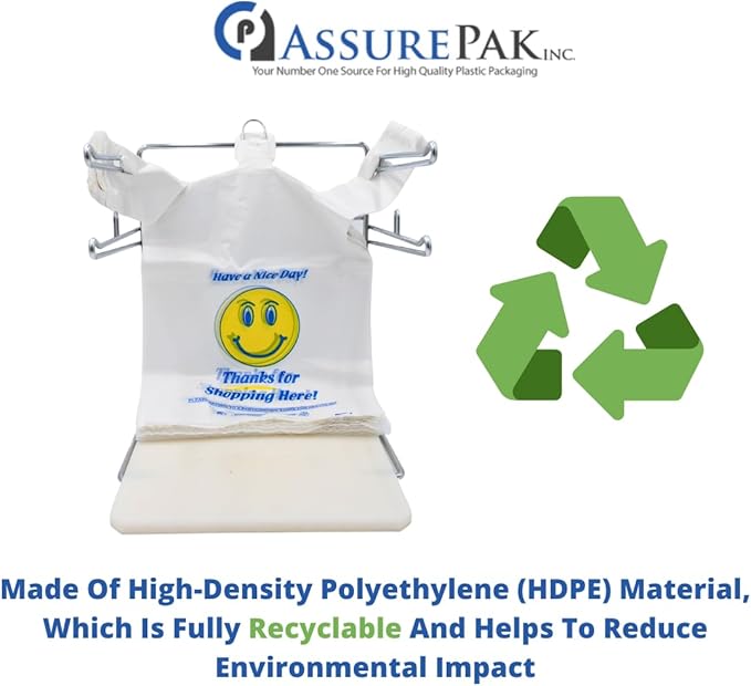 White Happy Face/Smiling Face HDPE T-Shirt Bags - 500 Bags - for Retail, Groceries, Merchandise, Convenience Store, Supermarket, Restaurant - 11.5"x 6"x 21" - 18 microns - White