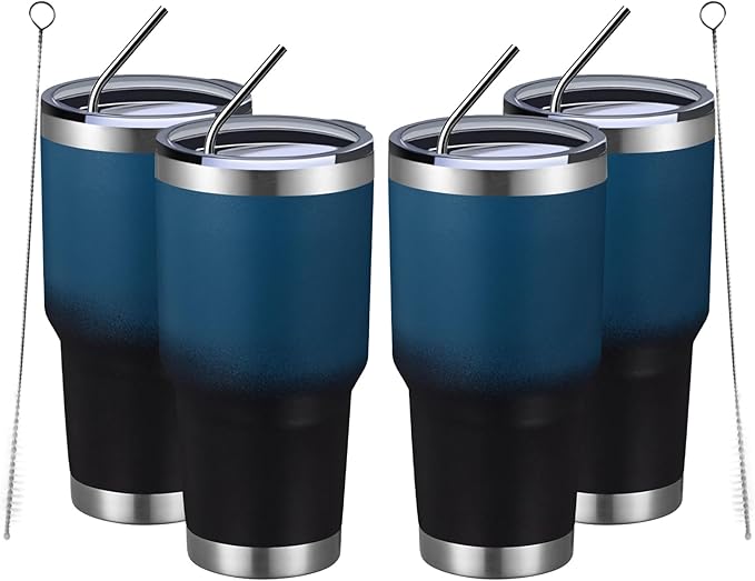 MEWAY 30oz Insulated Tumbler With Lids and Straws,Stainless Steel Double Vacuum Coffee Tumbler Cup, Brush, Durable Powder Coated Coffee Cup for Cold & Hot Drinks, Office, Travel(Blue Black,4 PACK)