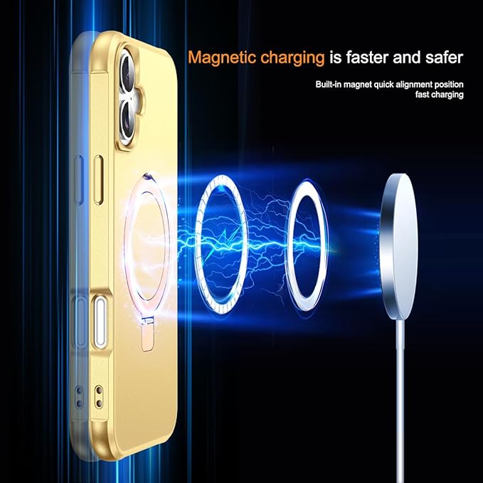 Compatible with iPhone 16 Case with Invisible Magnetic O-Ring Stand Military-Grade Case for iPhone 16 6.1" [Compatible with Mag-Safe][Great Grip Feeling], Gold