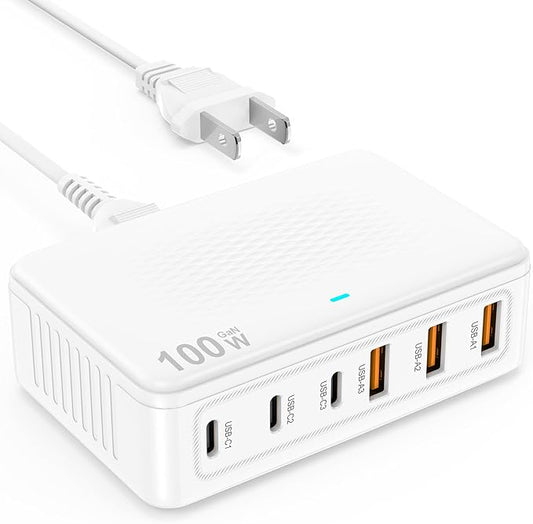 USB C Charger Block, 100W GaN 6 Port Fast USB Charging Station Hub, Wall Charger Power Adapter Plug Cube Brick for Apple iPhone 17 16 15 14 13 12 11 Pro Max/iPad/Pixel/Samsung Galaxy S25 S24,5FT Cord