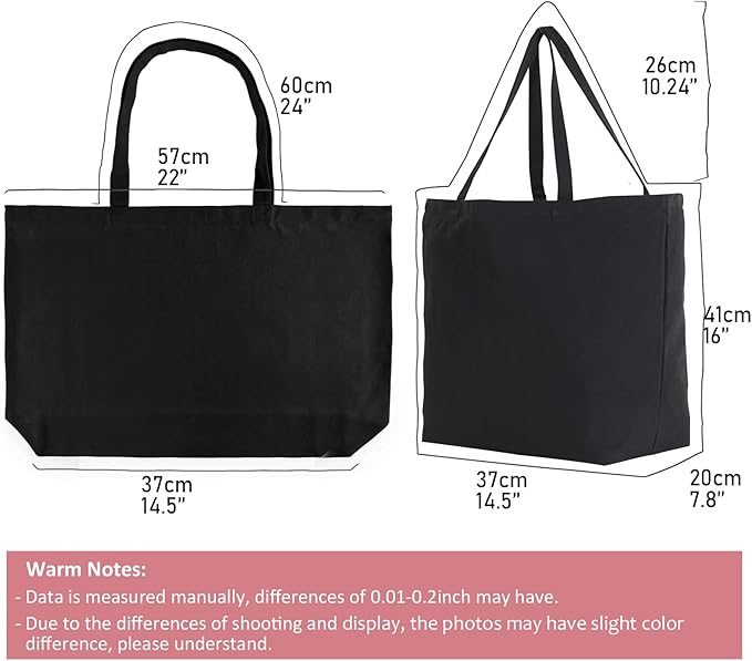 Koolmox 6-PACK 22x16x7.8'' Extra Large Canvas Tote Bags Bulk 12Oz Thick Heavy Duty Reinforced Handles, Blank Black Canvas Grocery Bag Multi Purpose Tote Travel Beach Tote bag Shopping Bags