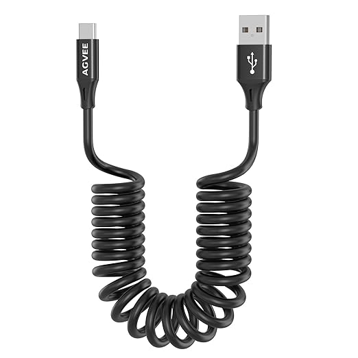 AGVEE 5ft Coiled Short USB to USB-C Charging Cable [USB-IF Certified] 3A Fast Charger Cord in Car for iPhone 16/15 CarPlay, Galaxy S25 S24 S23 S22 S21 S10 S9 S8, Google Pixel, Black