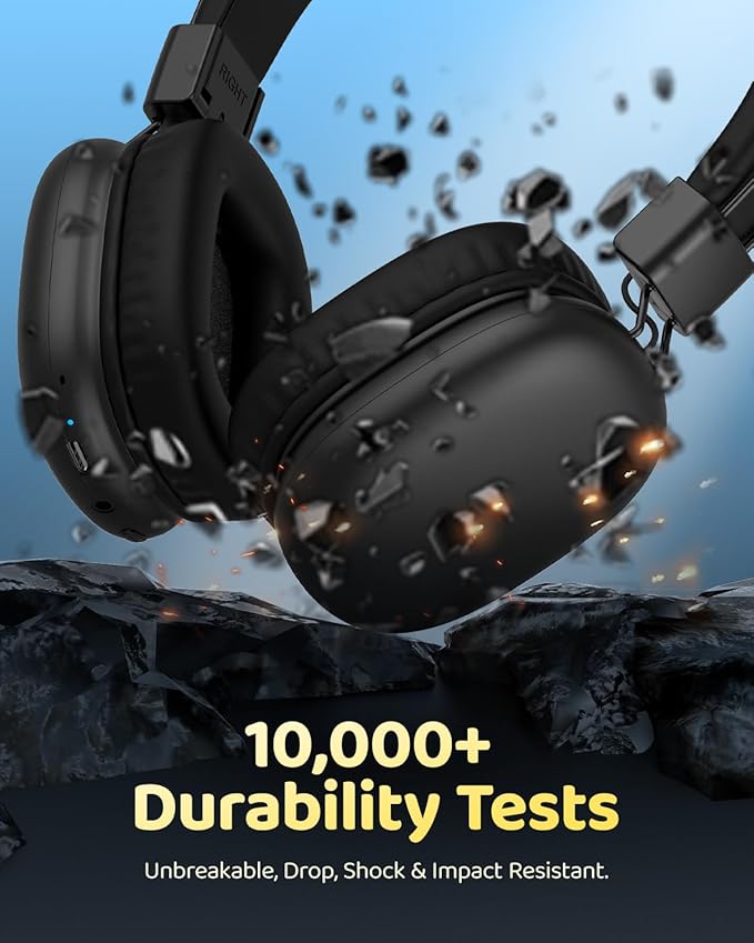 Kids Bluetooth Headphones, Over-Ear Wireless Headphones with Microphone, Safe-Volume 85dBA, Bluetooth 5.4, Foldable Lightweight and Comfortable, 50H Playtime, USB-C Charging, Black