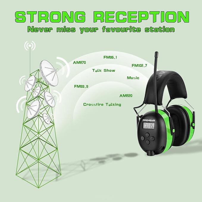 PROHEAR 027 AM FM Radio Headphones with Digital Display, 25dB NRR, Safety Ear Protection Earmuffs for Mowing, Snowblowing, Construction, Work Shops - Green