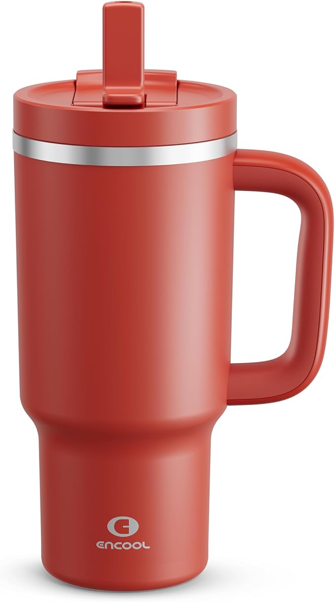 32 oz Tumbler with Handle and Straw: Stainless Steel Insulated Tumbler Keeps Cold for 24 Hours, Leakproof Travel Cup Fits in Cup Holder and BPA-Free, Medium Carmine