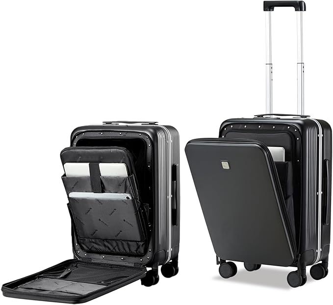 Hanke Grace Hard Shell Suitcases with Wheels,20 Inch Carry On Luggage Airline Approved with Aluminum Frame, Travel suitcase with Front Pocket Travel Luggage for Short Business Trips, Jet Black.