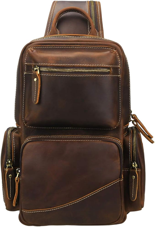 LANNSYNE Vintage Full Grain Leather Chest Sling Bag Fits 10.5 iPad Crossbody Single Strap Backpack for Men