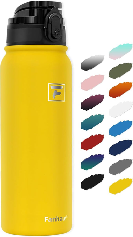 Fanhaw 20 Oz Insulated Stainless Steel Vacuum Water Bottle with Anti-Dust Pop-Open Lid - For Kids, Women, Men | Leak & Sweat Proof (Yellow)