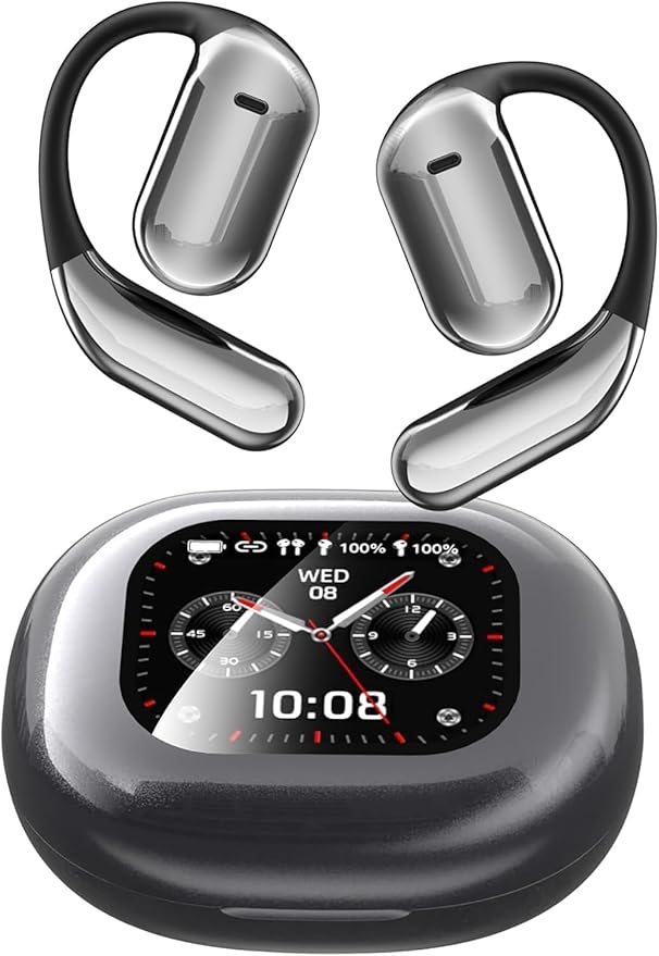 Open Ear Earbuds Intelligent Touch Screen Ultra Comfort Bluetooth 5.4 Headphones Over The Ear Earphones with Ear Hooks IPX7 Waterproof Bone Conduction Earbuds for Running Fitness Sport Workouts,Grey3