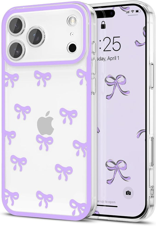 EYZUTAK Case for iPhone 17 Pro, Clear Cute Ribbon Bowknot Pattern Aesthetic Transparent Phone Case Raised Camera Protection Stylish Slim Soft Durable TPU Protective Cover for Women Girls - Purple