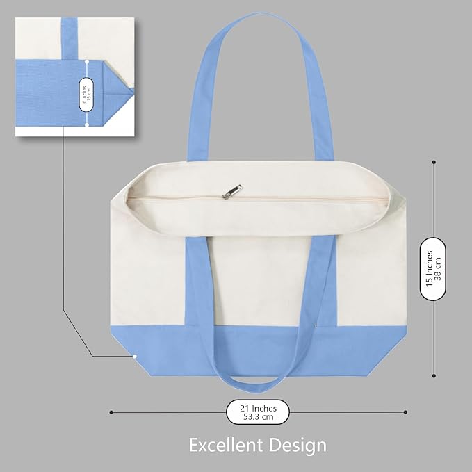 TOPDesign 3-Pack Canvas Tote Bags with an External Pocket, Reusable Grocery Shopping Bags, Top Zipper Closure, Daily Essentials (Light Blue/Natural)