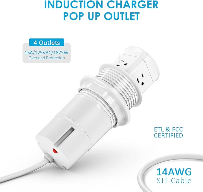 Jgstkcity Pop Up Outlet for Countertop, Flush Mount Tamper Resistant Space Saver Recessed 1875W Grommet,4 Outlets,15Amp Receptacle,ETL Listed,3.15inch Hole,White