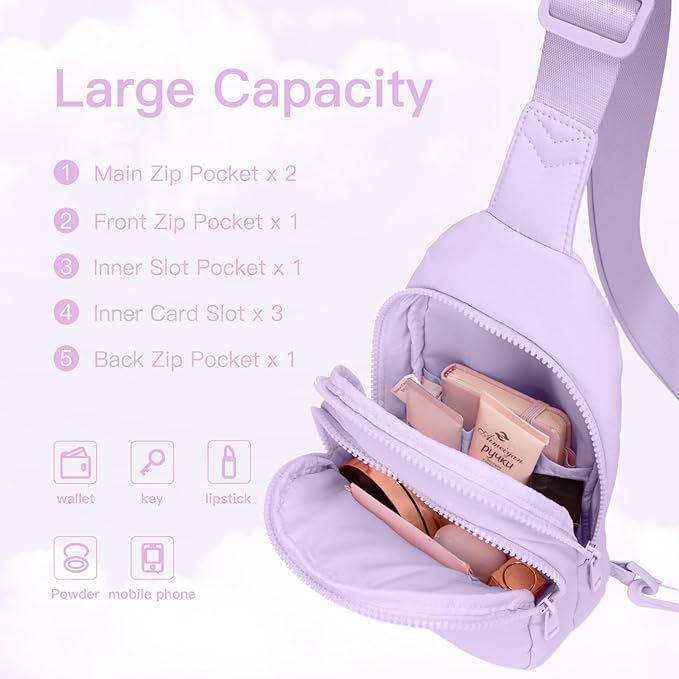 Quilted Puffer Crossbody Bags for Women Small Puffy Sling Bag Lightweight Cross Body Bubble Purse Shoulder Bag for Travel (Lavender)