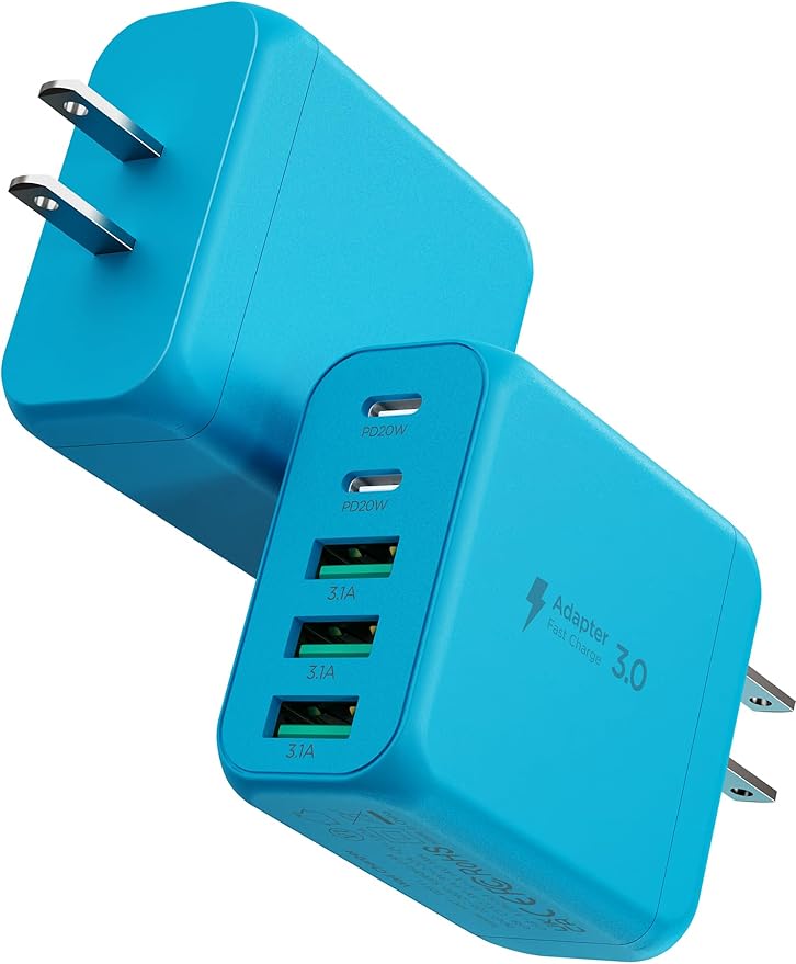 USB C Charger Block, [2-Pack] Type C Charger Fast Charging,50W 5-Port USB Wall Charger Multiport Type C Charging Block Cube for iPhone 17/16/15/14/13/12/11 Pro Max XS,iPad,Samsung&More-Blue