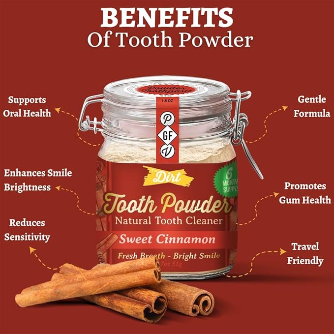The Dirt - Remineralizing Tooth Powder, Natural Fluoride-Free Teeth Whitening Powder with Hydroxyapatite, Flouride & Gluten Free, Organic Vegan (Sweet Cinnamon, 51g: 6 Month Supply)