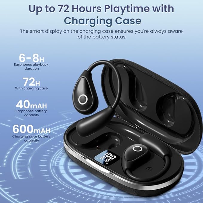 Open Ear Earbuds Wireless Bluetooth Headphones, 60Hrs Playtime Stereo Sound Earphones with IPX7 Waterproof Ear Buds, Ideal for Fitness, Travel - Black