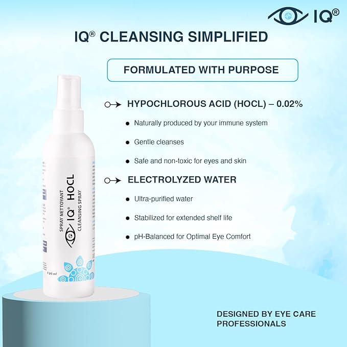 IQ HOCL PURE Eyelid Cleansing Spray – 0.02% Hypochlorous Acid – Gentle Hydrating Formula for Daily Eyelid Hygiene – Doctor Recommended, Alcohol-Free, Additive-Free – Made in Canada